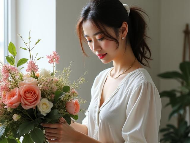 A woman arranging flowers in a beautiful, light-filled studio.