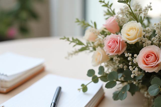 Delicate floral arrangement on a wooden table next to a notebook and pen, representing open communication.