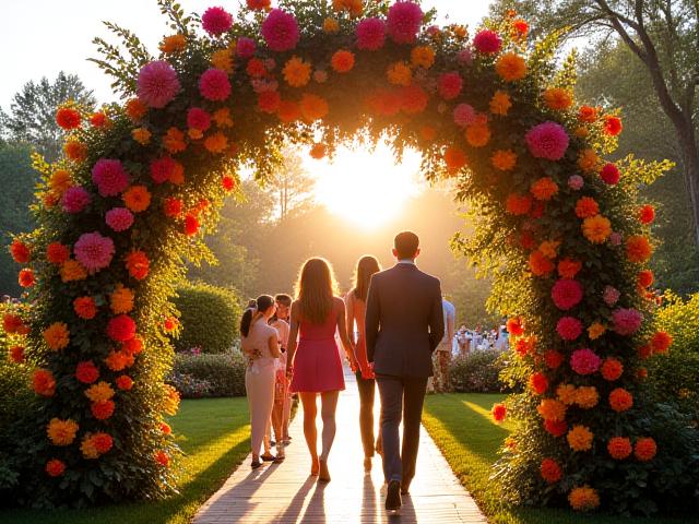 Lush floral archway at a private garden party