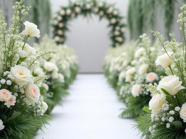 Wedding aisle decorated with white and green flowers