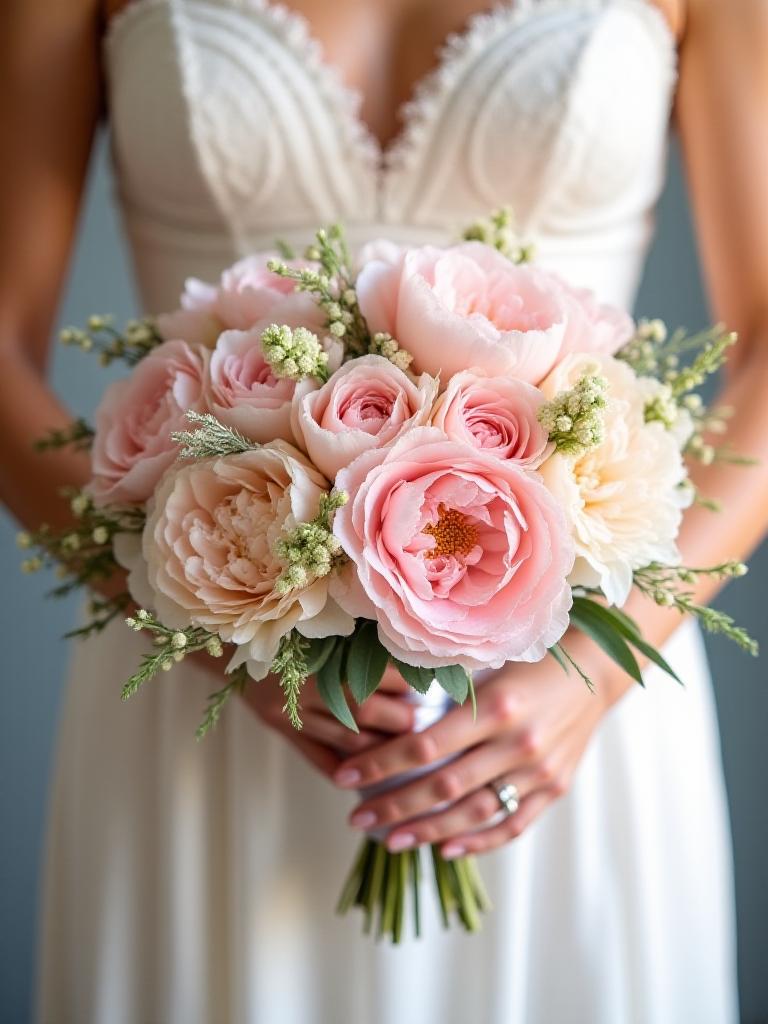 Blush pink bridal bouquet with peonies and hydrangeas