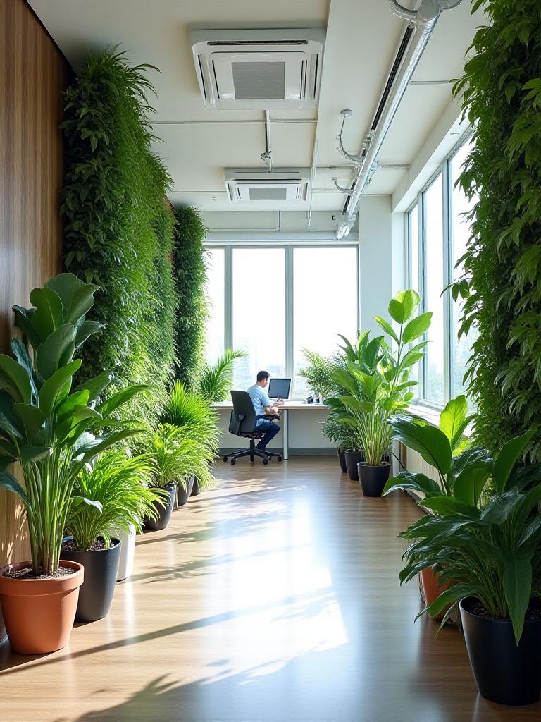 Modern office interior with lush green plantscaping