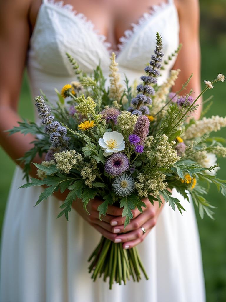 Rustic hand-tied bouquet with wildflowers and greenery