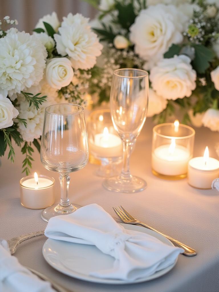 Wedding reception table setting with white flowers and candles