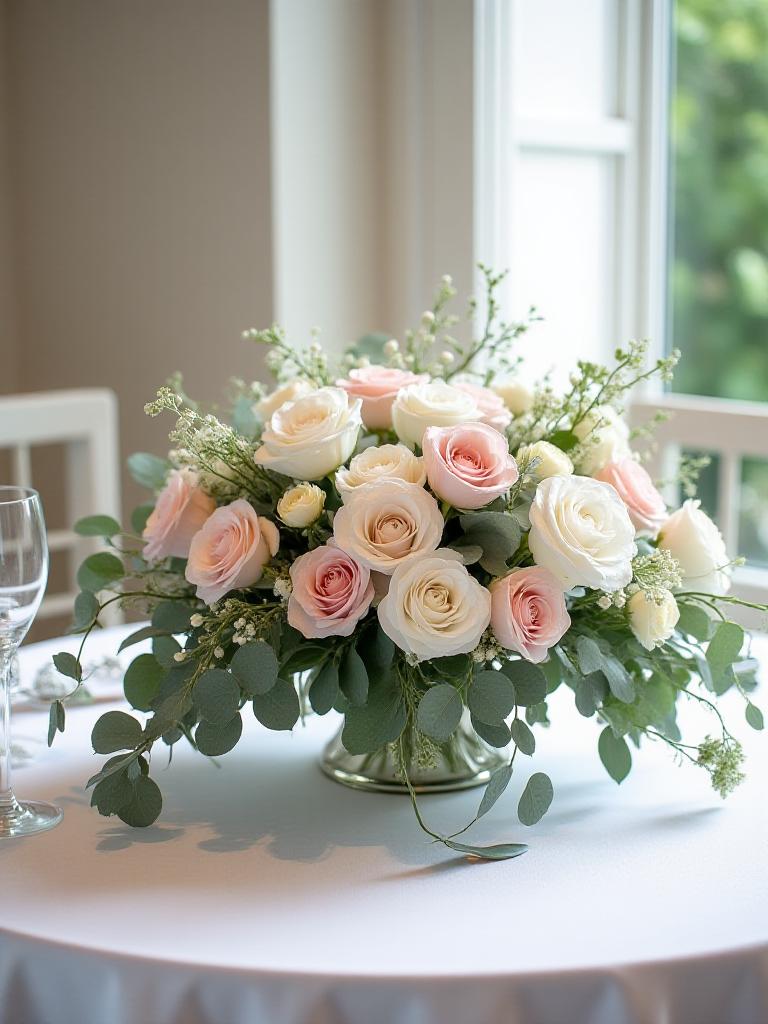 Elegant wedding centerpiece with roses and eucalyptus