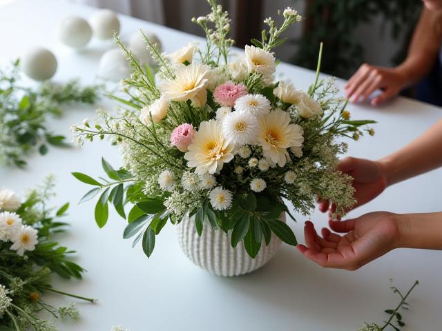 A floral centerpiece being created during a workshop