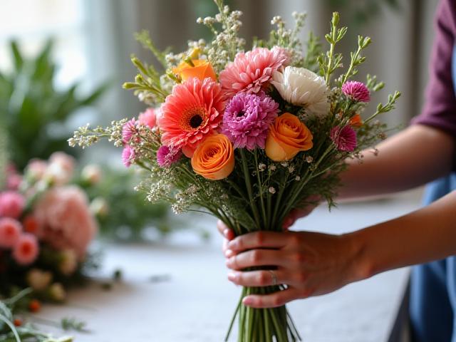 Participants learning to create a hand-tied bouquet