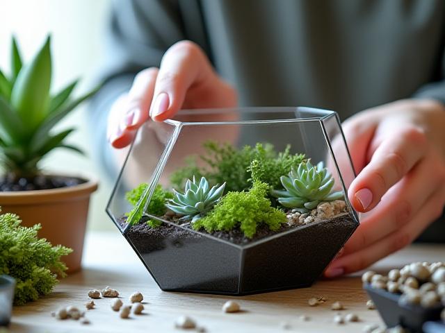 A person carefully placing plants inside a glass terrarium